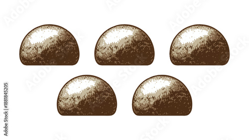 five brown shiny dome shapes in two rows