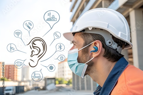 Professional builder in VR helmet standing in front of construction site and using virtual and augmented reality technologies. Office building and crane background. Real estate and investment.