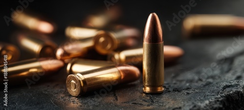 Wallpaper Mural The Bullet Standing Among Scattered Brass Rounds On Dark Textured Surface Torontodigital.ca