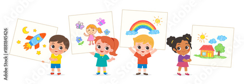 Happy preschool children proudly showing their colorful drawings in art class, expressing creativity and imagination together at school.