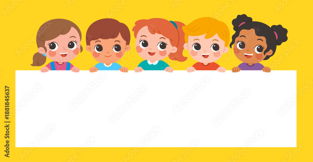 custom made wallpaper toronto digitalHappy diverse preschool children peeking over a large blank banner, smiling together on a background.