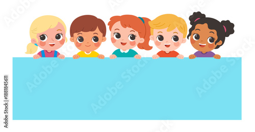 Happy diverse preschool children peeking over a large blank banner, smiling together on a background.