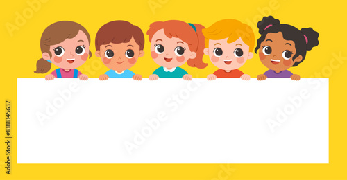 Wallpaper Mural Happy diverse preschool children peeking over a large blank banner, smiling together on a background. Torontodigital.ca