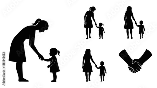 Mother and Daughter Silhouettes Holding Hands Together.