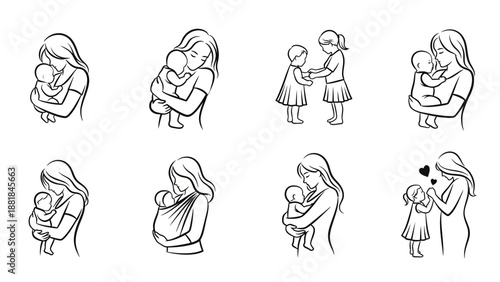 Mother and Child Line Art Illustrations.