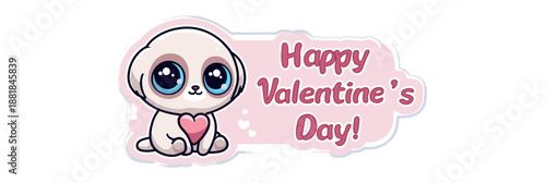 Cute cartoon animal holding a pink sign for Valentine's Day celebration. Cute big-eyed animal delivering Happy Valentine's Day message