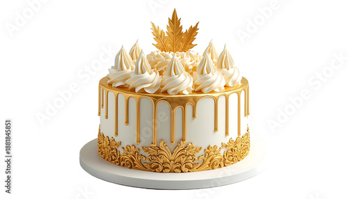 A luxurious white and gold cake with intricate designs on transparent background