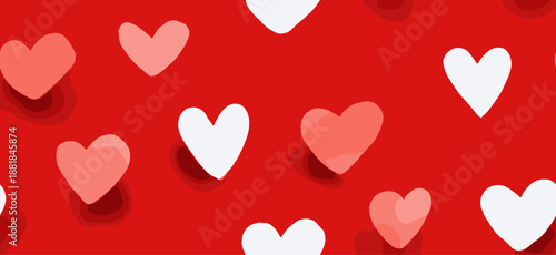 White outline and filled hearts scattering on a red watercolor textured surface. Hand drawn white hearts seamless pattern on red background