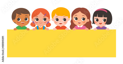 Happy diverse preschool children peeking over a large blank banner, smiling together on a background.