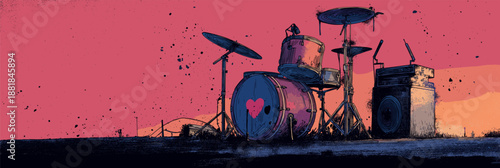 Drummer performing on a city rooftop at sunset, playing a song about love. Drummer playing love song on urban rooftop