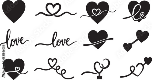 Black and white heart symbols and love text illustrations