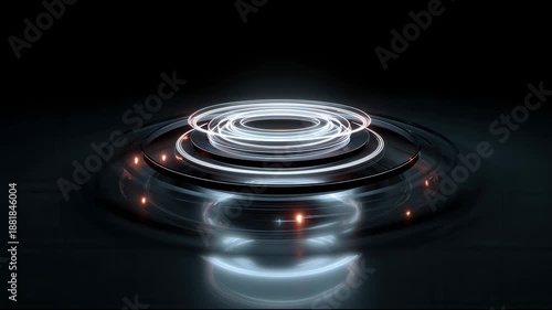 Futuristic glowing rings spin rapidly in the dark creating a vortex of white neon lines with orange sparks and reflection on a glossy floor