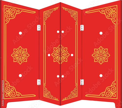 Elegant Red Chinese New Year Folding Screen with Gold Floral Patterns for Festive Decoration and Celebrations