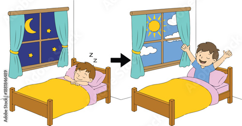 Kid Daily Routine Outline Illustration Set  Sleeping at Night and Waking Up in the Morning