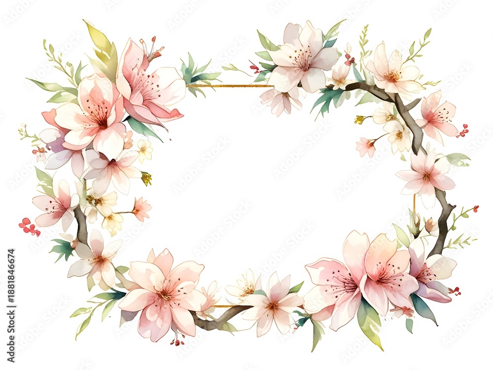 Obraz premium Cherry Blossom Wreath Element Watercolor Illustration Art