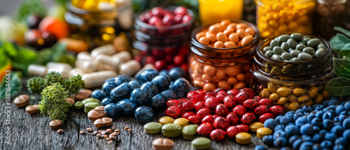 Colourful capsules and tablets on a wooden table will emphasise the theme of medical articles or vitamin advertisements as the main background.