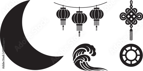 Black and white moon lanterns wave wheel decorations