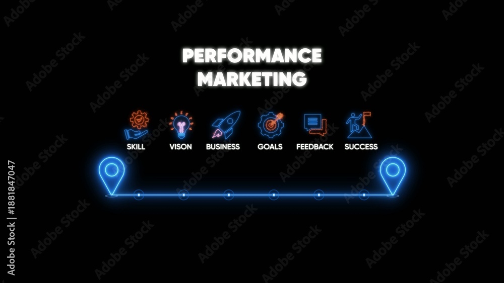 Fototapeta premium Performance marketing infographic with skill vision business goals feedback success on black background