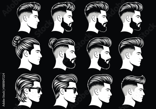 Men's grooming and hairstyle silhouettes set on black background for salon branding