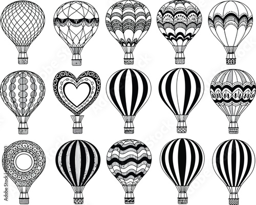 Vintage style hot air balloon illustrations with intricate patterns and designs