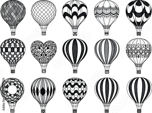 Decorative hot air balloons in various artistic patterns for travel and adventure themes