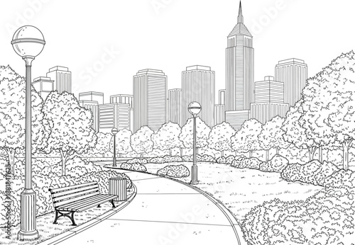Detailed coloring page illustration of a city park with skyline and park bench