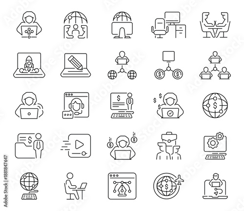 Freelance and remote work icons set. editable line, online, freelance styles