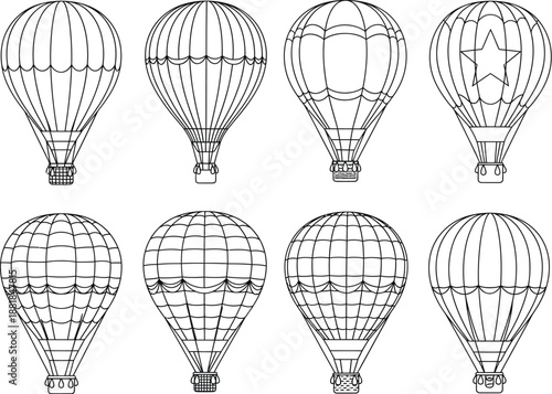 Collection of 8 hot air balloon outline drawings featuring different stripe and geometric designs