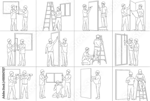 Handyman and construction worker characters installing doors and windows line art set of 12 scenes