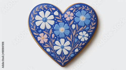 Heart shaped decorated cookie with blue icing and flowers