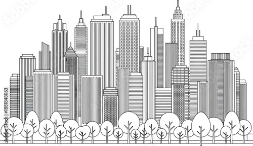 Modern urban landscape featuring high-rise buildings and a row of trees line art for coloring