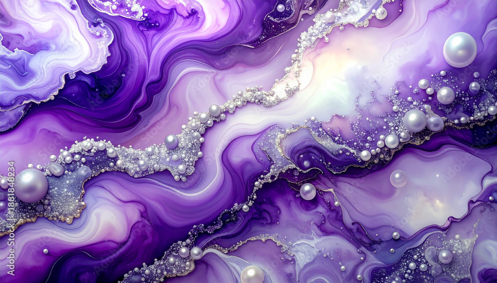 Fototapeta premium 深いパープルとパールの波打つ水彩アート背景