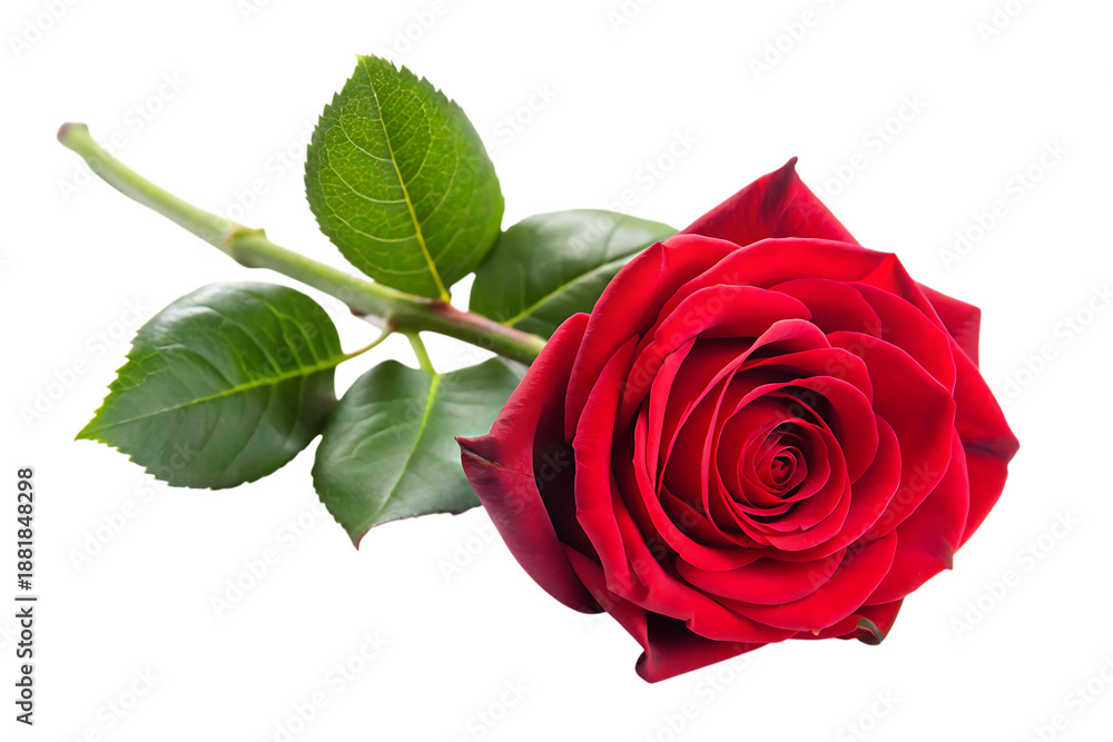 Fototapeta premium Red Rose with Green Leaves on Black Background flower