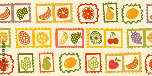a vibrant pattern of colorful fruit stickers arranged in a repeating row design