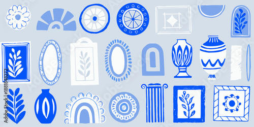 a collection of blue and white decorative motifs and ornamental design elements