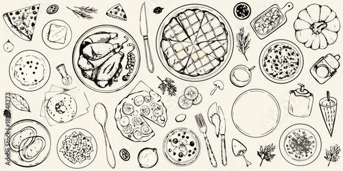 a detailed sketch of various cheeses breads fruits and kitchen utensils on a plate