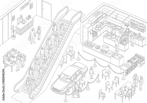 Isometric view of a modern building interior showing people at work and shopping line art drawing
