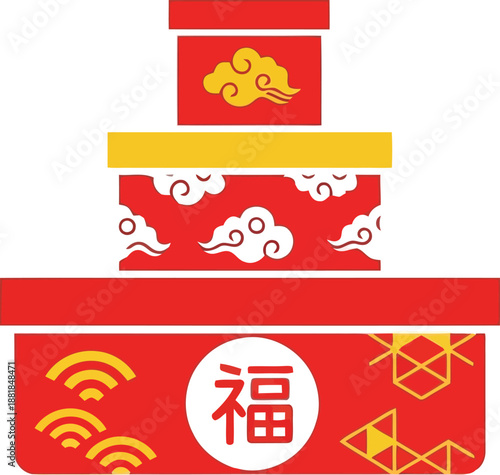 Modern Chinese New Year Gift Box Illustration with Red and Gold Lucky Symbols and Fu Character
