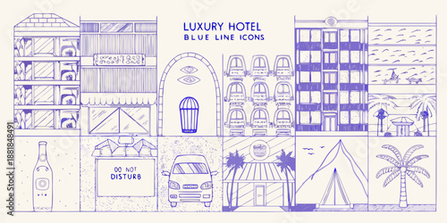 a blue line drawing depicting a luxury hotel with various vacation icons