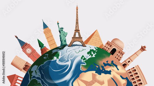 illustration of famous landmarks around the globe in a circular formation