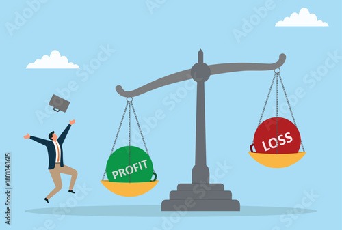 Vector illustration of a businessman celebrating as profit outweighs loss on balance scale, symbolizing financial success, growth, business achievement, and strategy

