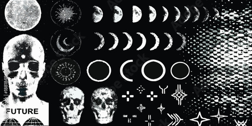 a surreal collage featuring phases of the moon skulls and abstract futuristic symbols