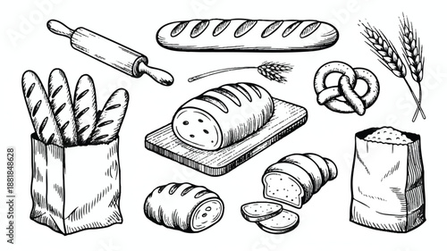 Illustration of various types of bread and baking tools on white background