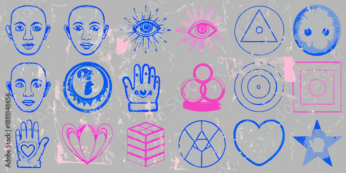 a collection of blue and pink mystical symbols faces and geometric shapes displayed
