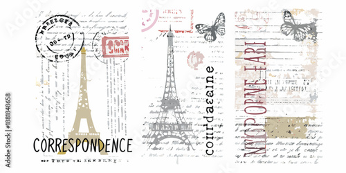 vintage french postcard design with eiffel tower butterflies and handwritten script