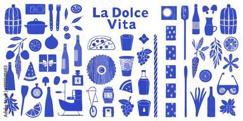 blue illustrated icons depicting food drink and lifestyle elements in a cohesive design