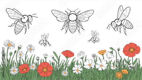 Insects flying around colorful flowers in a field