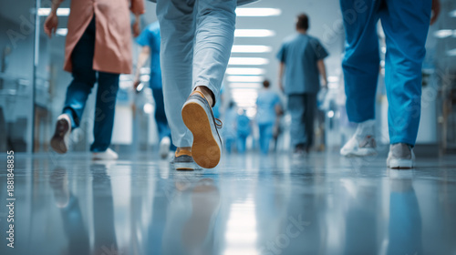 Healthcare workers in blue scrubs walking through a bright modern hospital hallway.