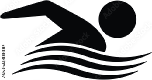 Swimming icon silhouette with swimmer in water waves, sport and fitness symbol isolated on white background, flat vector illustration