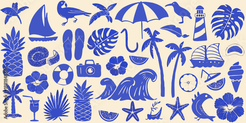 blue illustration of tropical vacation elements beach sea plants and nautical symbols